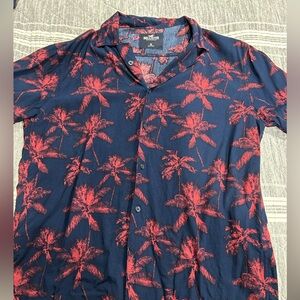 Hollister Blue and Red Casual Button Down Shirt with Tropical Design